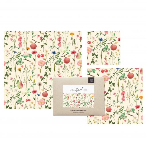 LITTLE BEE FRESH - Bio-Bienenwachstücher Starter-Set (“L/M/S”) – Streuobstwiese